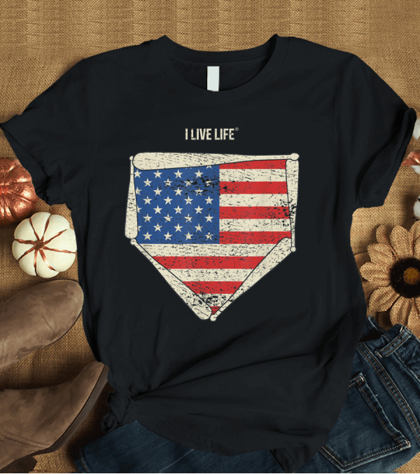T-Shirt: Vintage American Baseball USA Flag Home Plate I Live Life T-Shirt Vintage American Baseball USA Flag Home Plate I Live Life T-Shirt