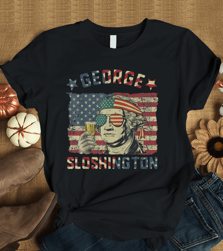 George Sloshington 4th of July American Flag Aviator Glasses T-Shirt