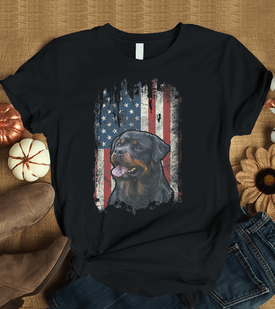 Rottweiler Dog Over Distressed American Flag USA Patriotic T-Shirt