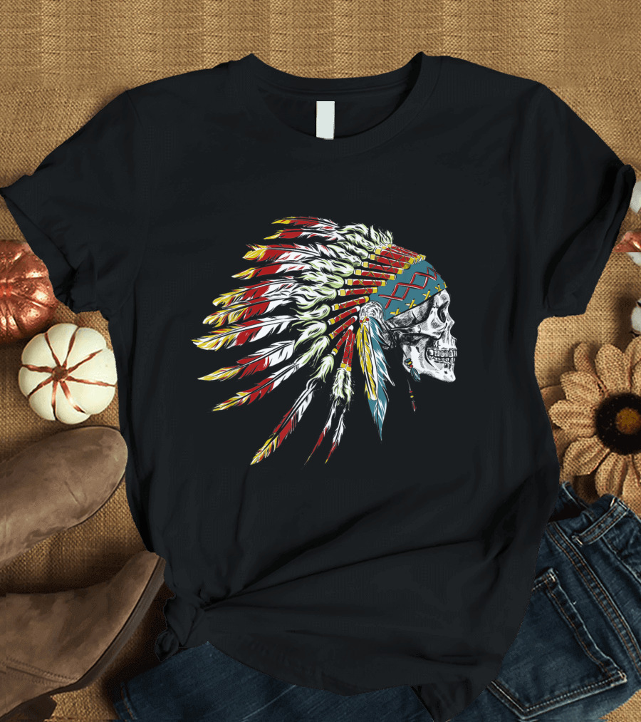 Vintage Native American Skull Chief Headdress Eagle Feathers T-Shirt