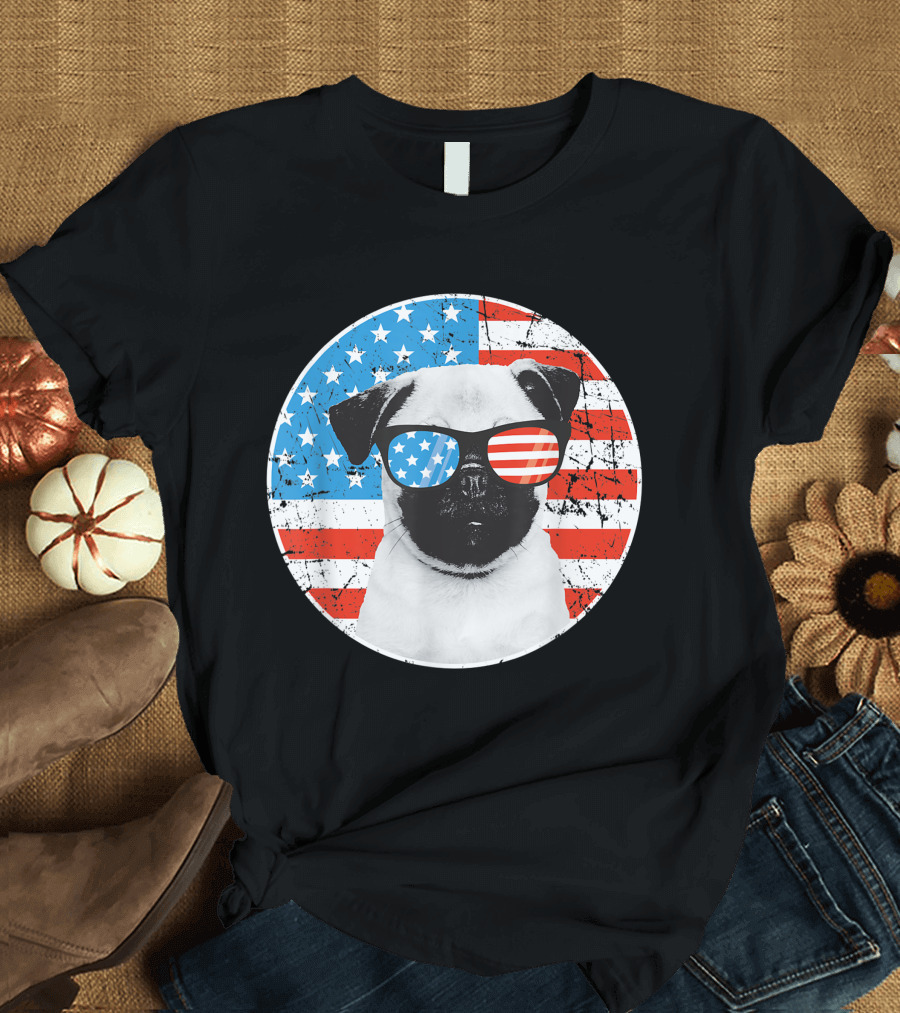 Fourth Of July Pug Wearing American Flag Sunglasses With Stars and Stripes Background T-Shirt