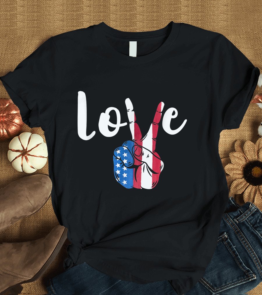 Love Peace Sign American Flag Patriotic 4th of July T-Shirt
