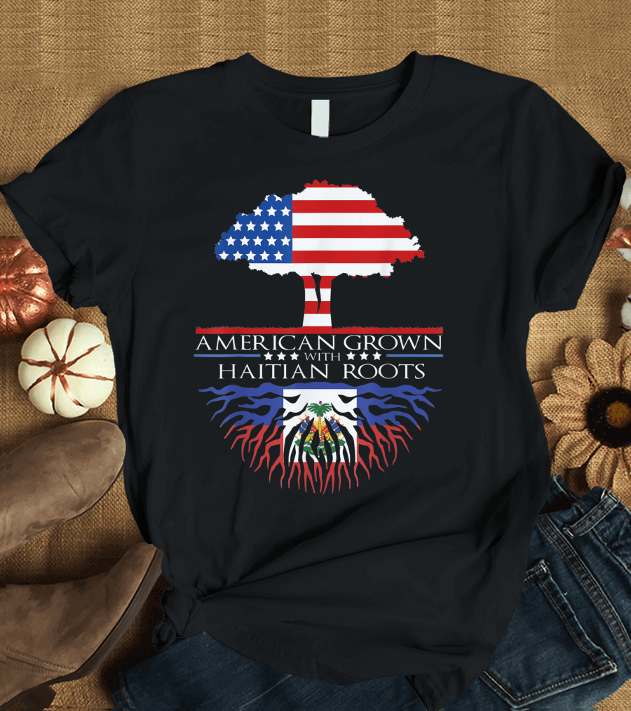 American Grown with Haitian Roots Tree Flag USA Haiti T-Shirt