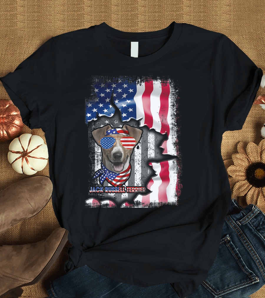 Jack Russell Terrier American Flag Fun with Sunglasses and Bandana T-Shirt