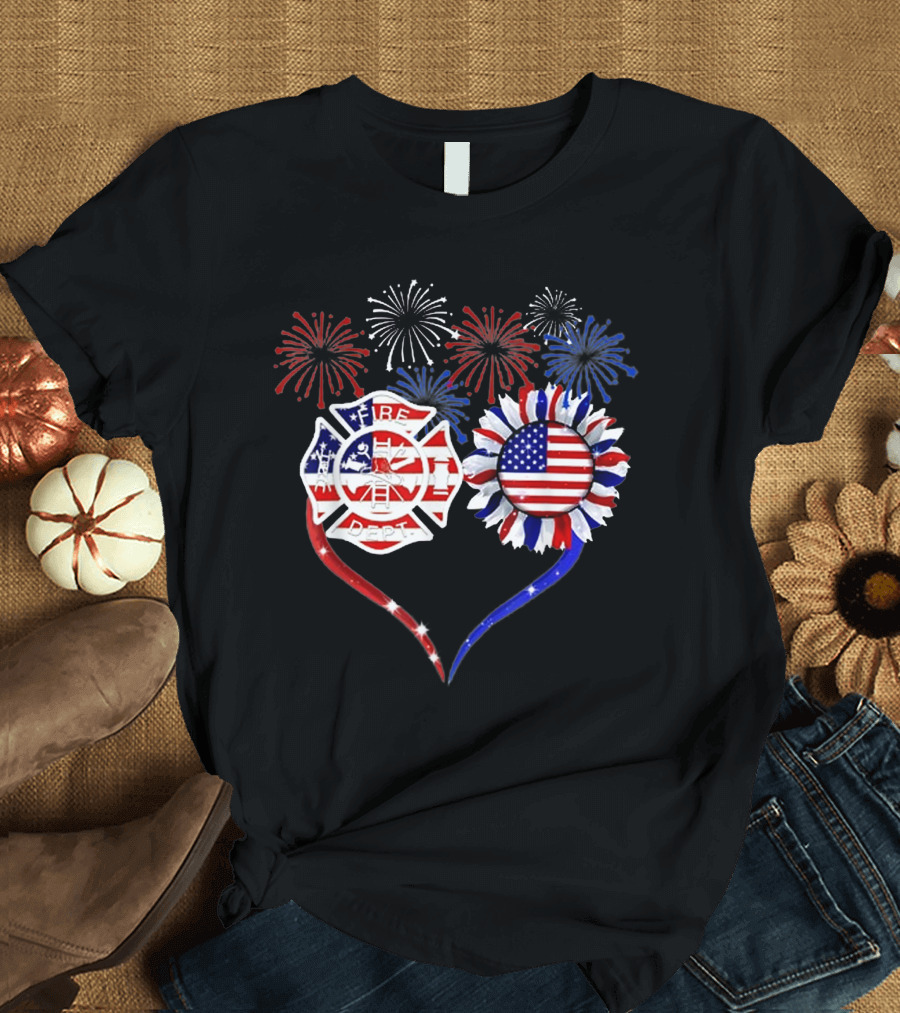 Firefighter Love Heart Sunflower 4th of July American Flag Fireworks T-Shirt