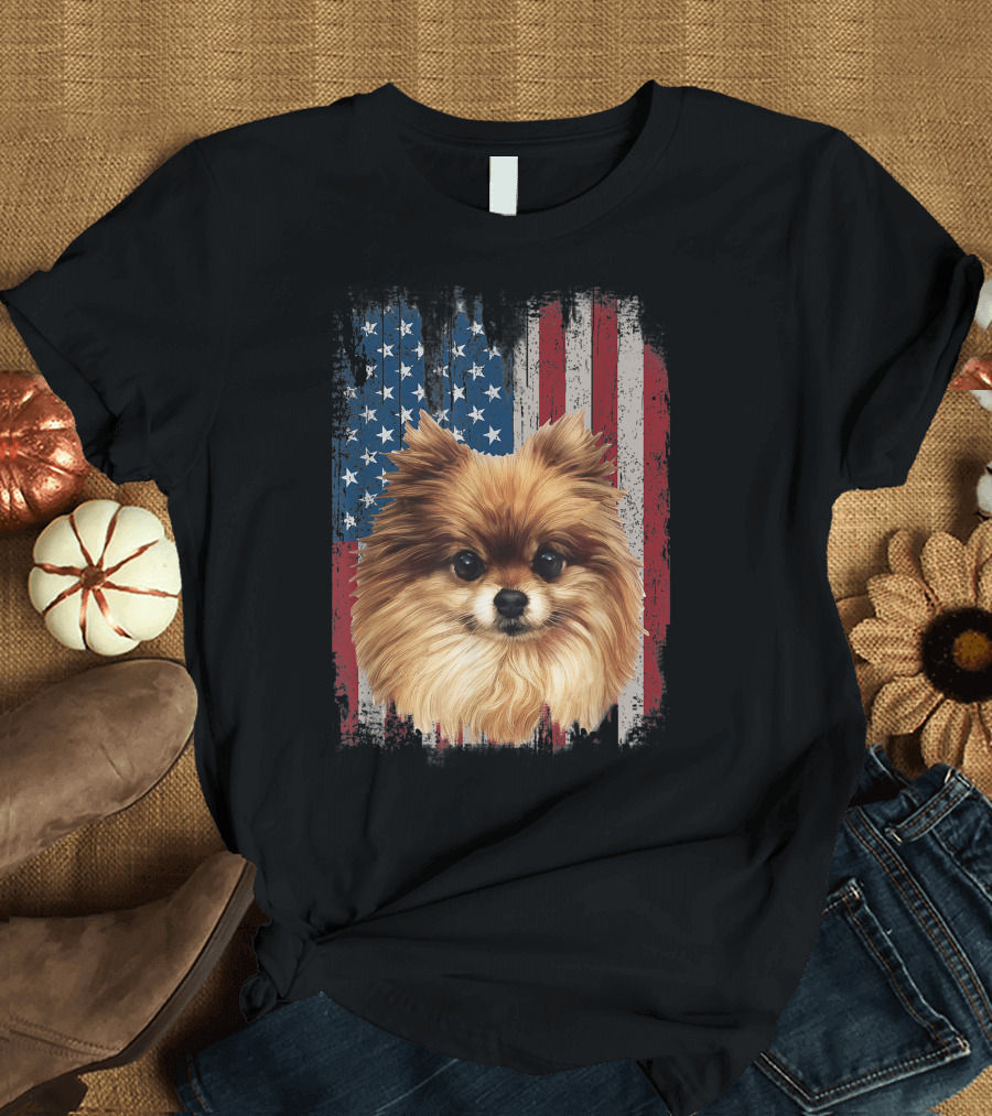 Pomeranian Dog American Flag Patriotic Independence Day Fourth of July T-Shirt