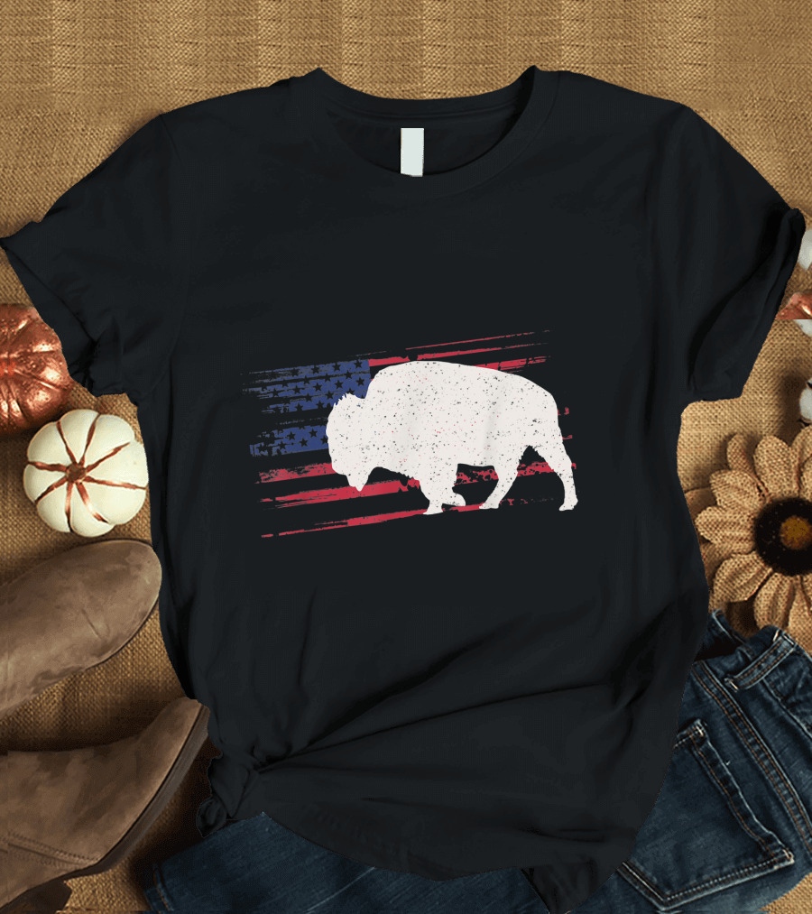 Buffalo Bison Silhouette Over American Flag 4th of July USA T-Shirt