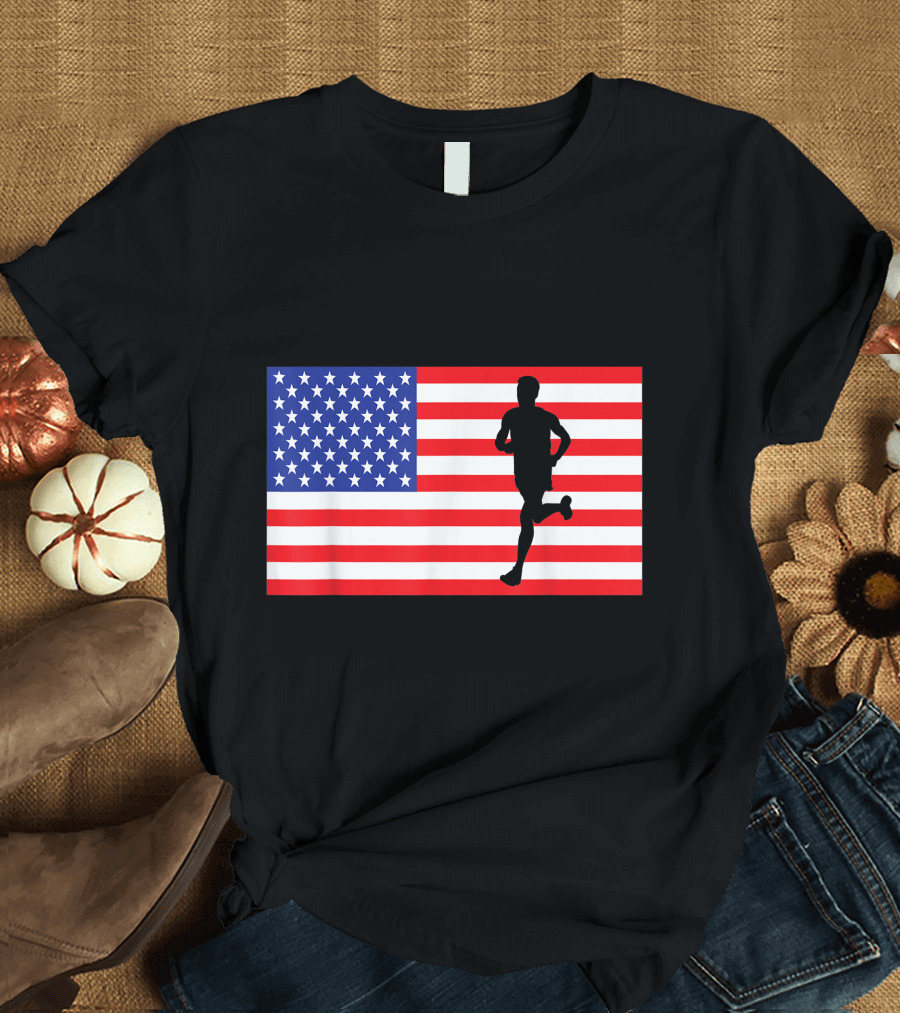 Marathon Runner USA American Flag Race Running Fourth of July T-Shirt
