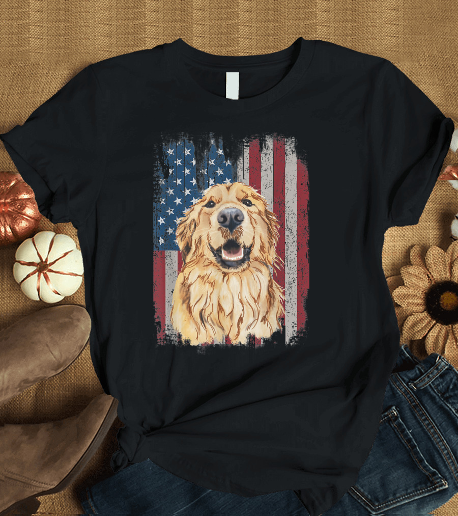 Golden Retriever Dog American Flag 4th of July Patriotic T-Shirt