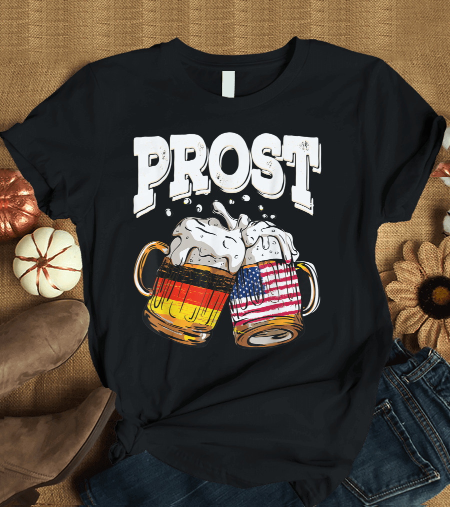 Prost Beer Oktoberfest German American Flag Toast with Beer Mugs T-Shirt