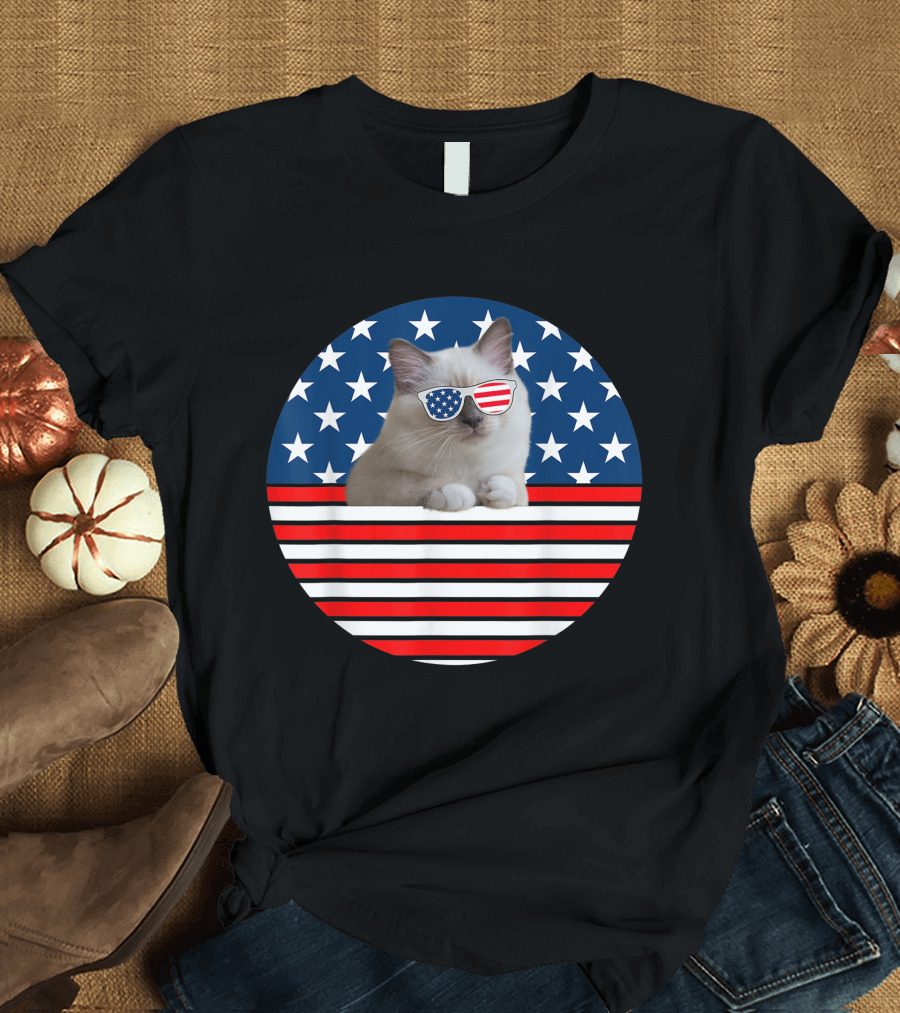 American Birman Cat USA Flag Funny 4th of July Cat with Sunglasses Patriotic T-Shirt