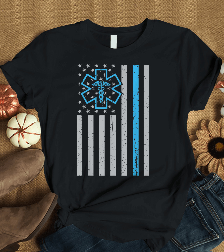 Thin Blue Line Star of Life American Flag EMS EMT Paramedic T-Shirt