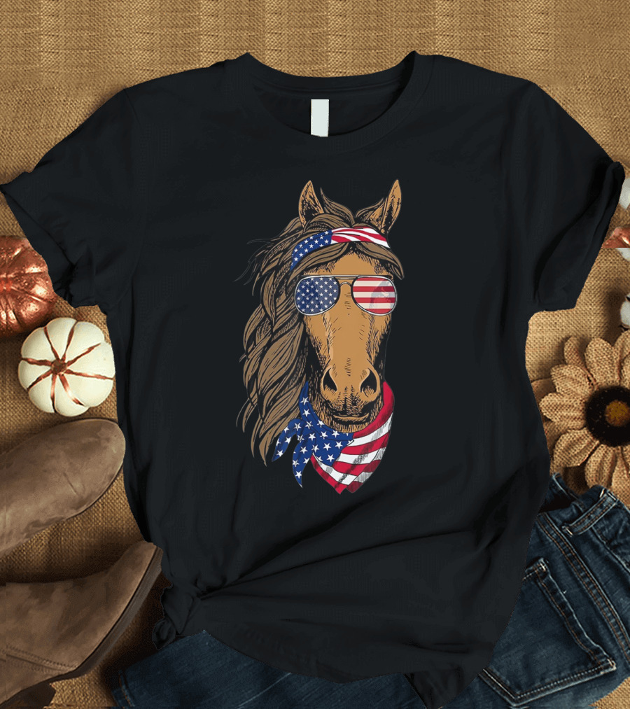 Horse American Flag Sunglasses Cowboy Scarf 4th July T-Shirt