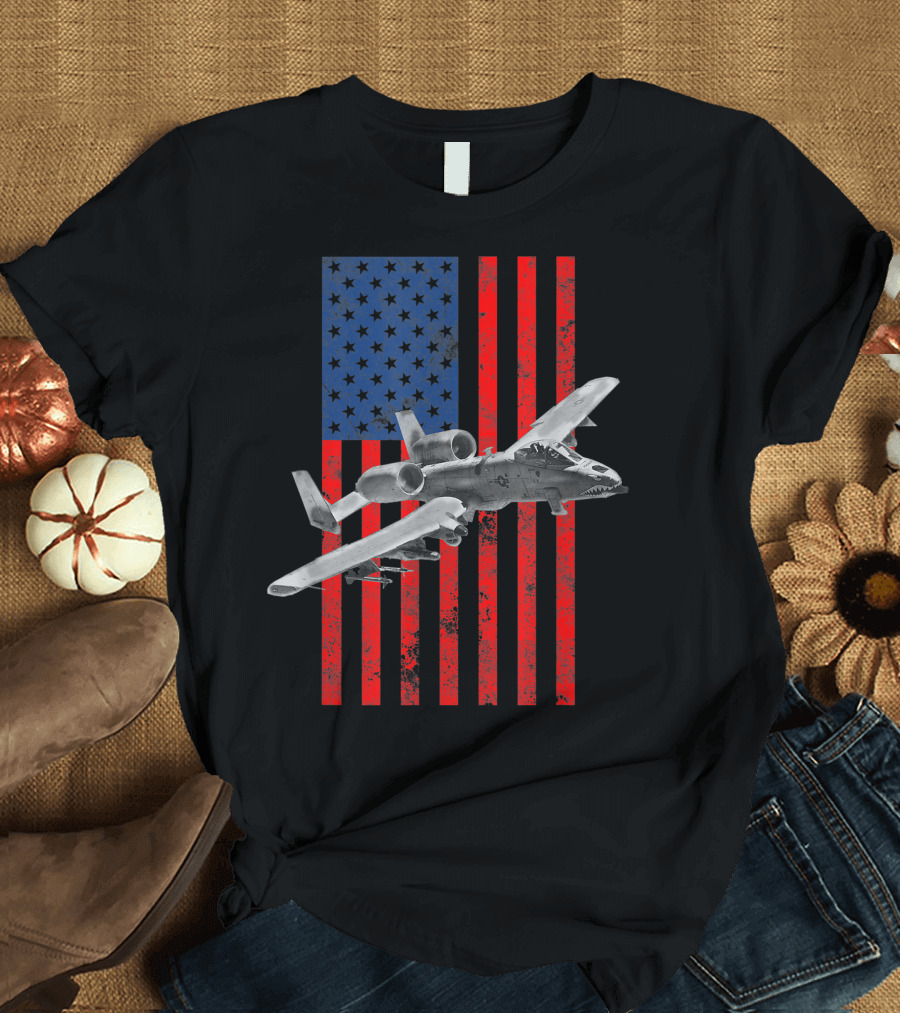 A-10 Warthog Flying Over American Flag with A-10 Thunderbolt T-Shirt