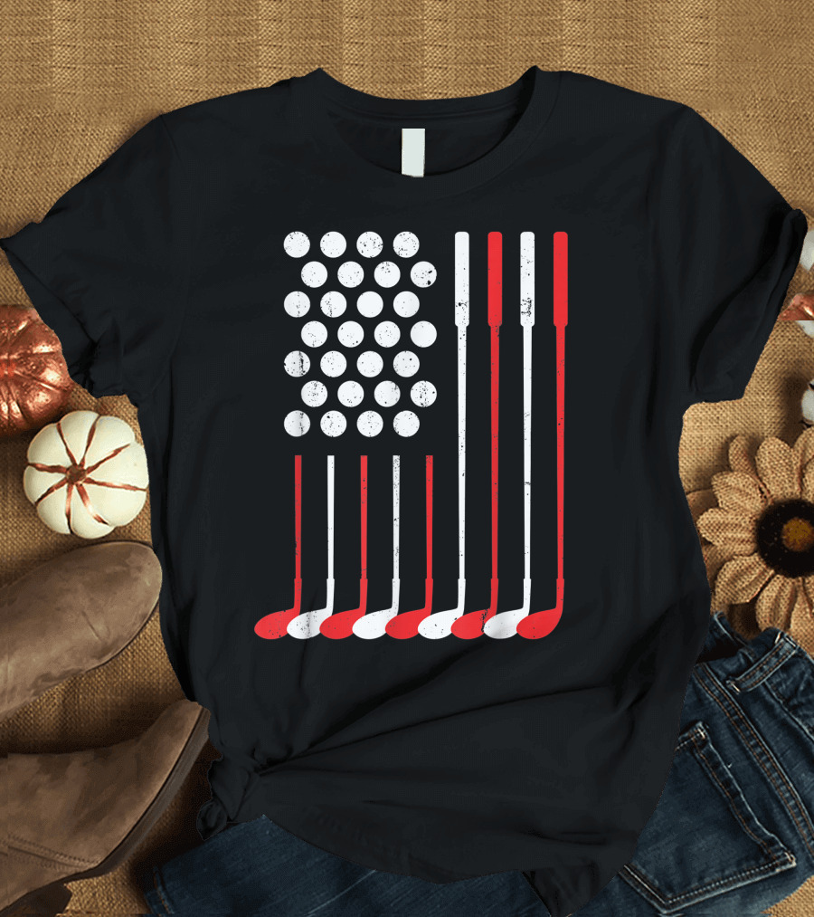American Flag Golf Clubs and Balls Patriot Happy 4th of July T-Shirt