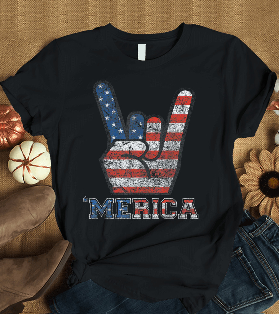 'Merica American Flag Rock Sign 4th of July Vintage T-Shirt