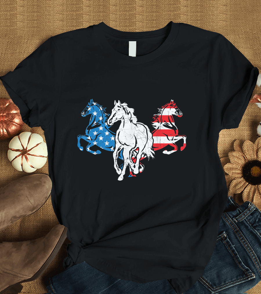Horses Equestrian American Flag 4th July Patriotic T-Shirt