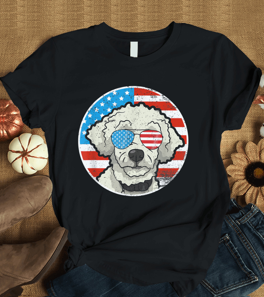 4Th Of July Poodle Dog with American Flag Sunglasses T-Shirt