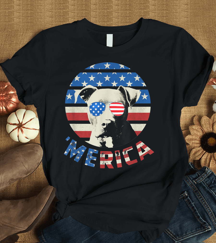 Pitbull Dog Sunglasses American Flag 'Merica T-Shirt