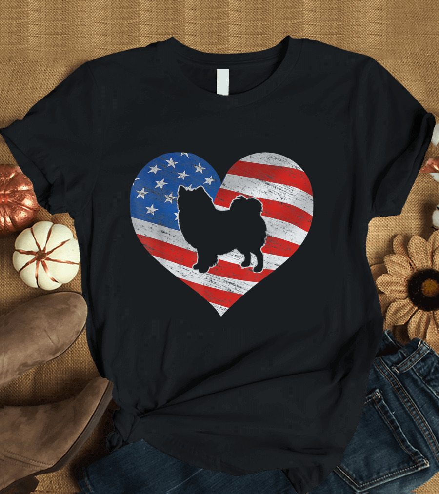 American Flag Heart with American Eskimo Dog Silhouette 4th of July T-Shirt