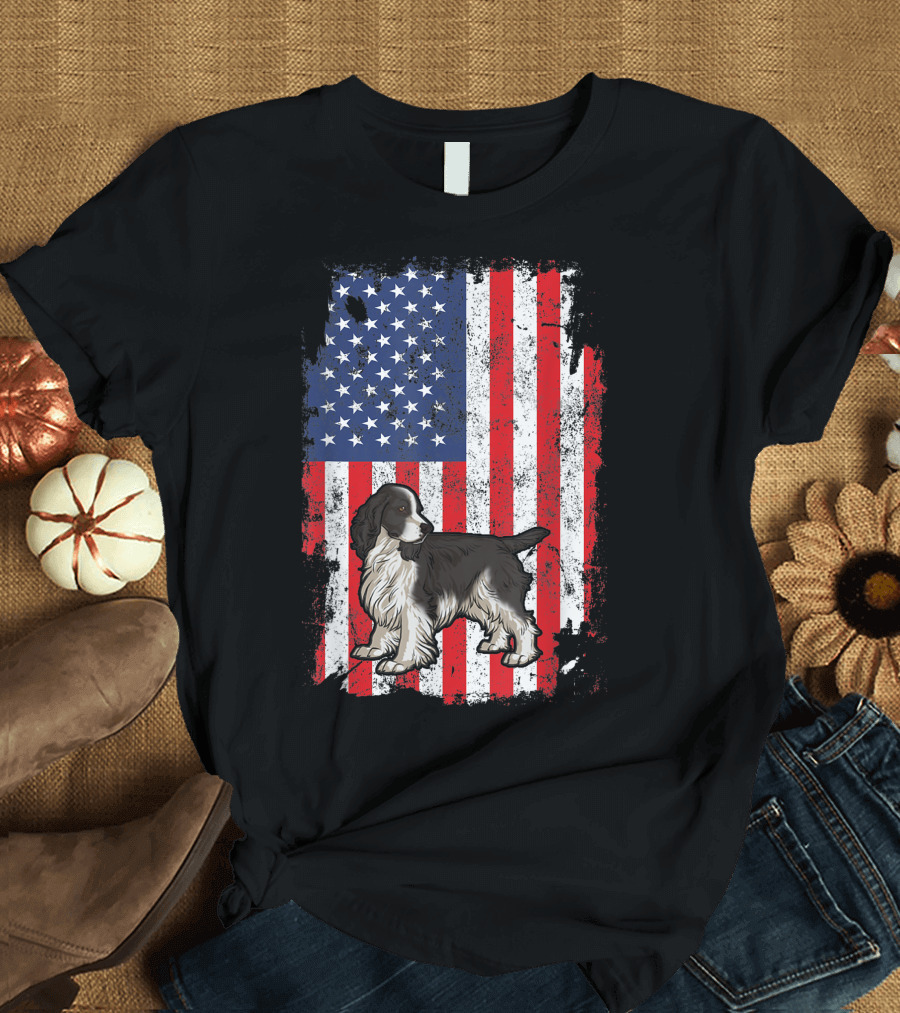English Springer Spaniel with American Flag Background T-Shirt
