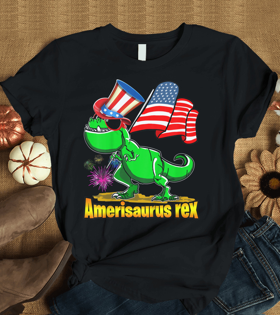 Amerisaurus Rex Dinosaur 4th of July Fireworks American Flag Patriotic T-Shirt