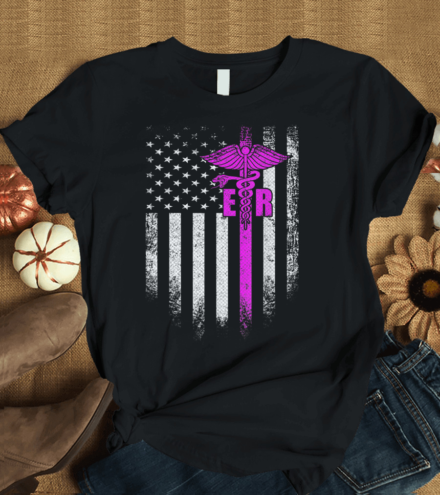 Vintage USA ER Emergency Room Nurse American Flag Caduceus T-Shirt