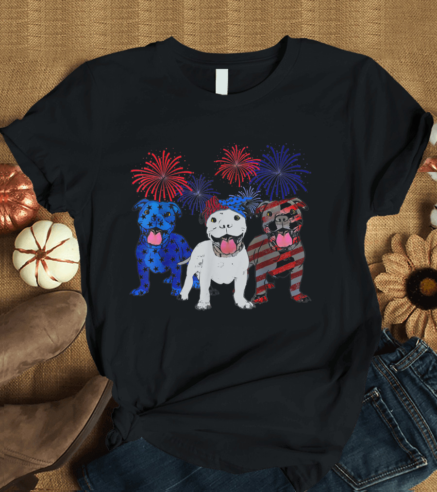 Pitbull Dad American Flag Fireworks 4Th Of July T-Shirt