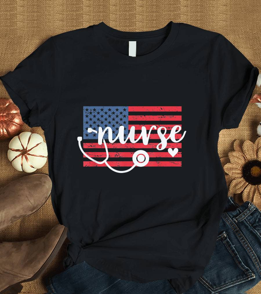 Patriotic American Flag Nurse Heart Stethoscope Fourth of July RN T-Shirt