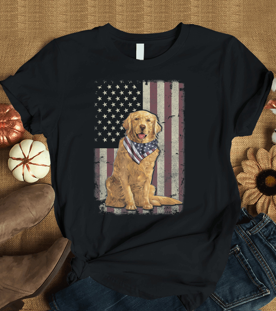 Golden Retriever with American Flag Bandana on Fourth of July Background T-Shirt