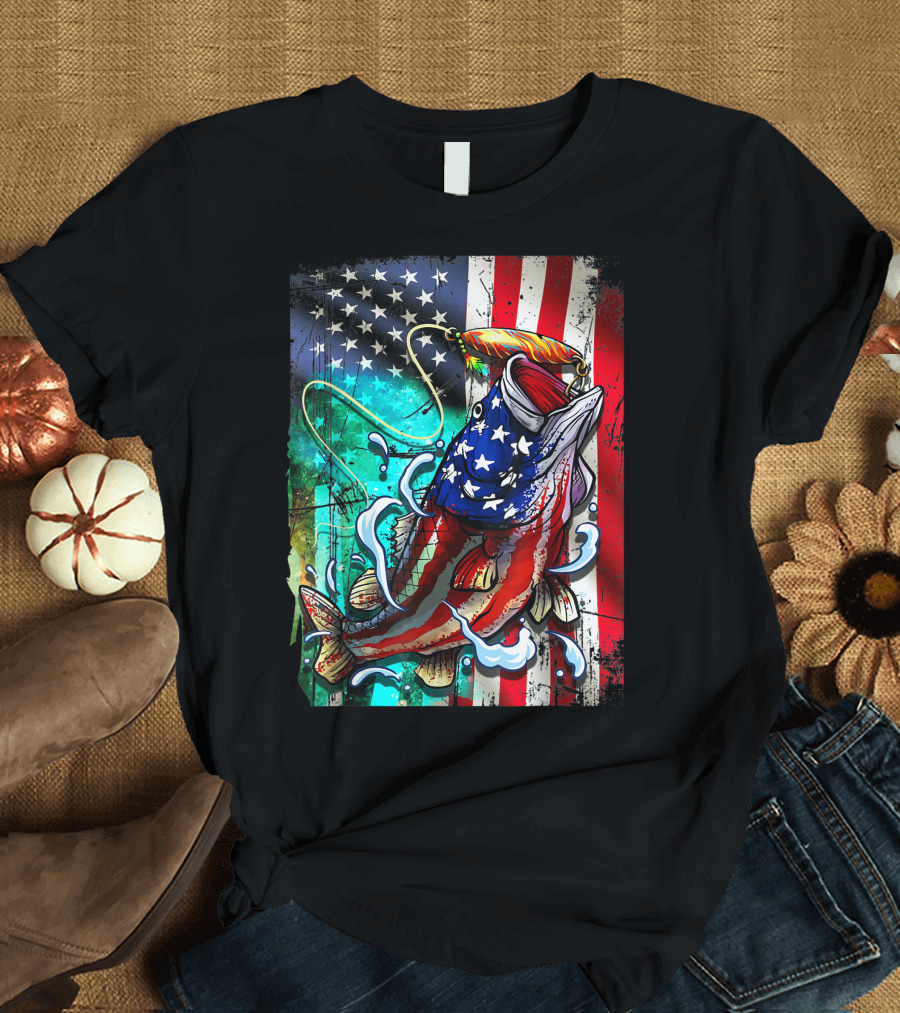 Bass Fishing American Flag USA July 4th T-Shirt