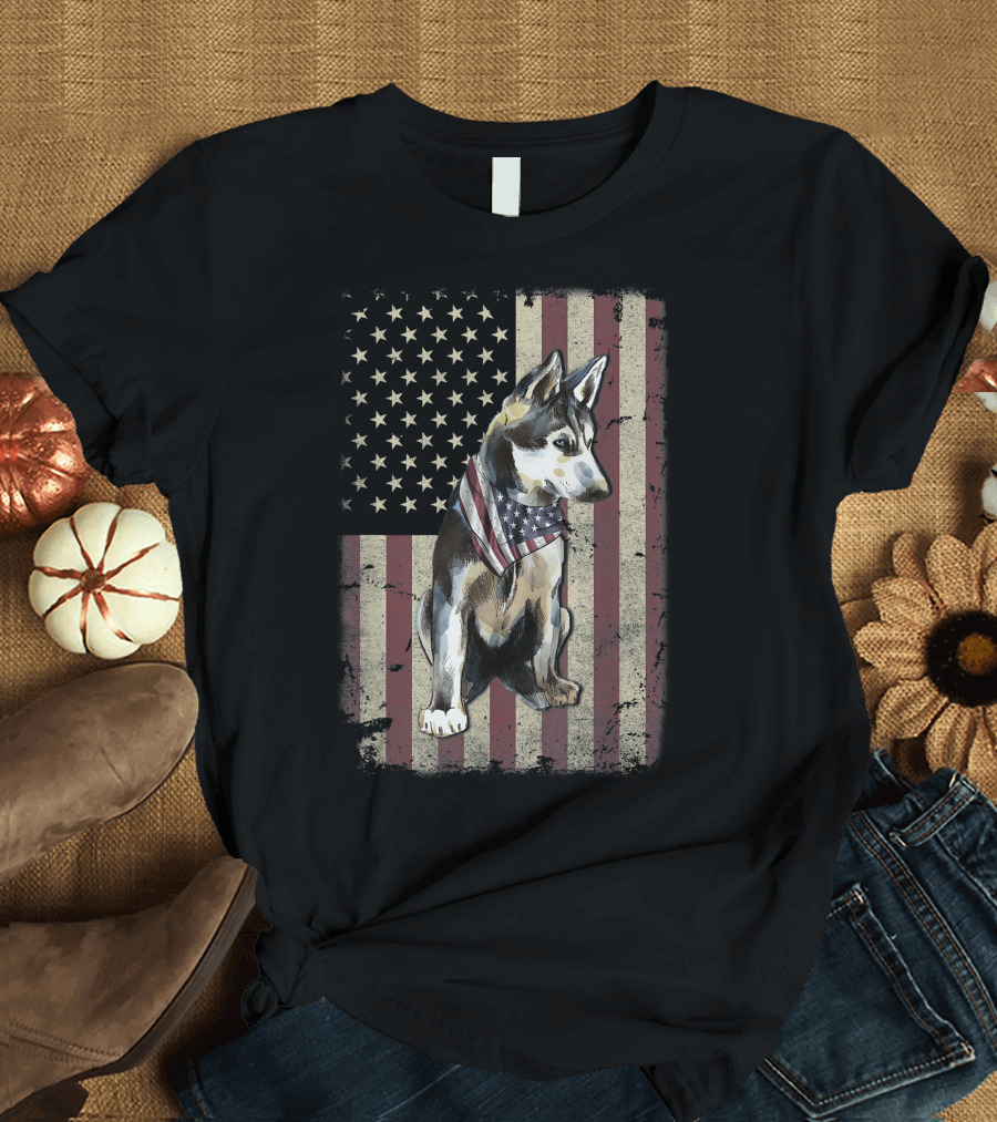 Siberian Husky with American Flag Bandana on Rustic Stars and Stripes 4th of July T-Shirt