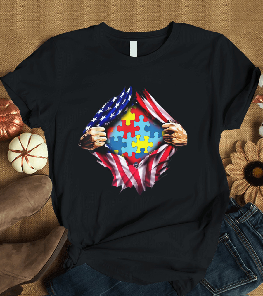 Autism Puzzle Piece American Flag Fourth of July T-Shirt