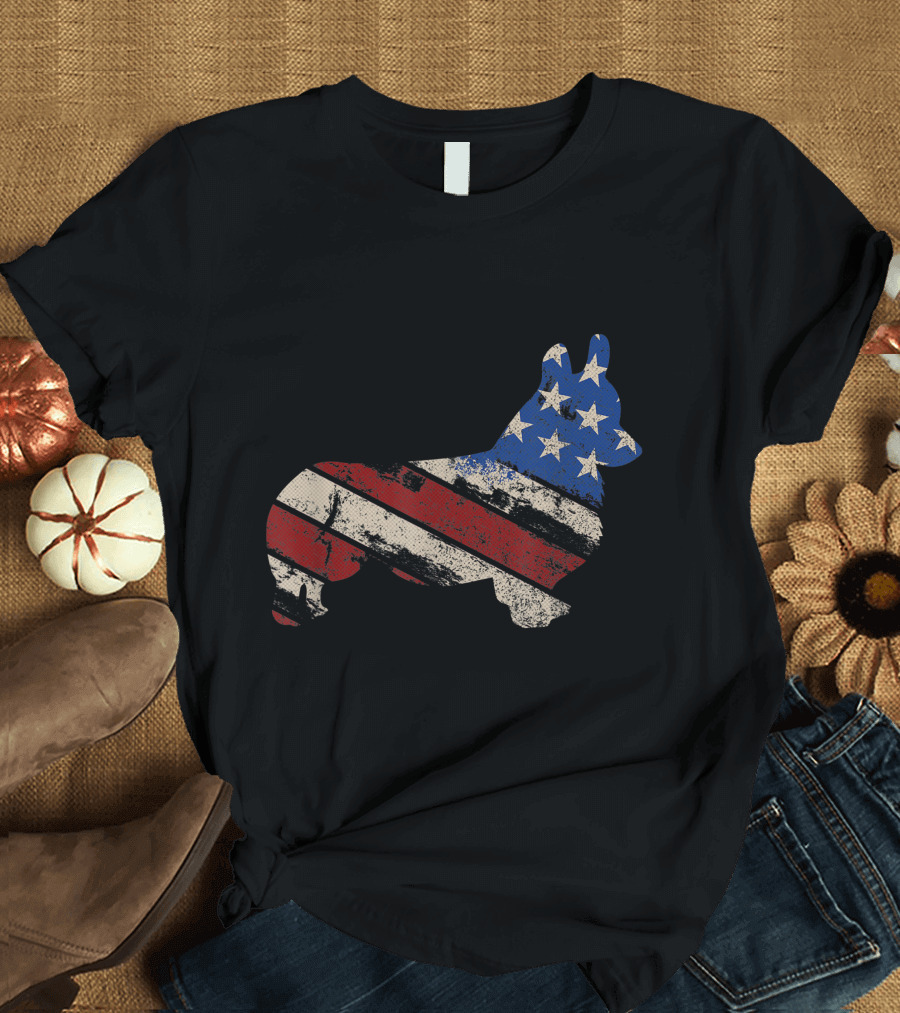 Vintage USA Welsh Corgi American Flag Patriotic T-Shirt