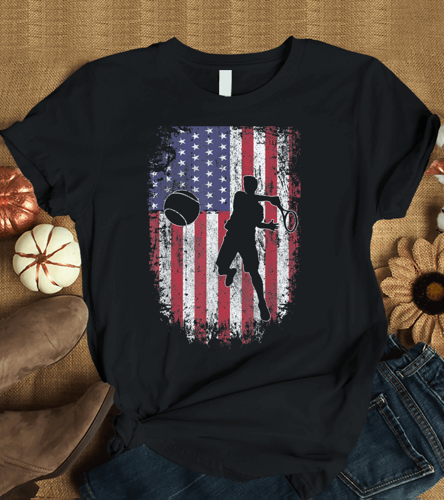 Tennis Player Silhouette with American Flag Stars and Stripes 4th of July USA Patriotic T-Shirt