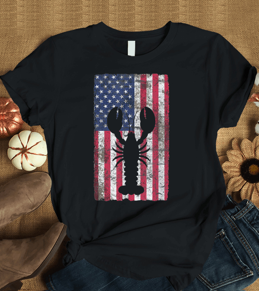 Retro Lobster Silhouette with American Flag for 4th of July T-Shirt