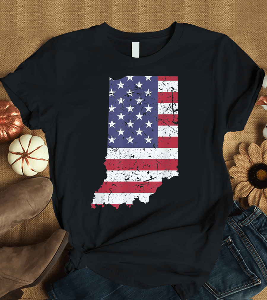 Indiana State Map with American Flag Stars Stripes 4th of July Pride T-Shirt