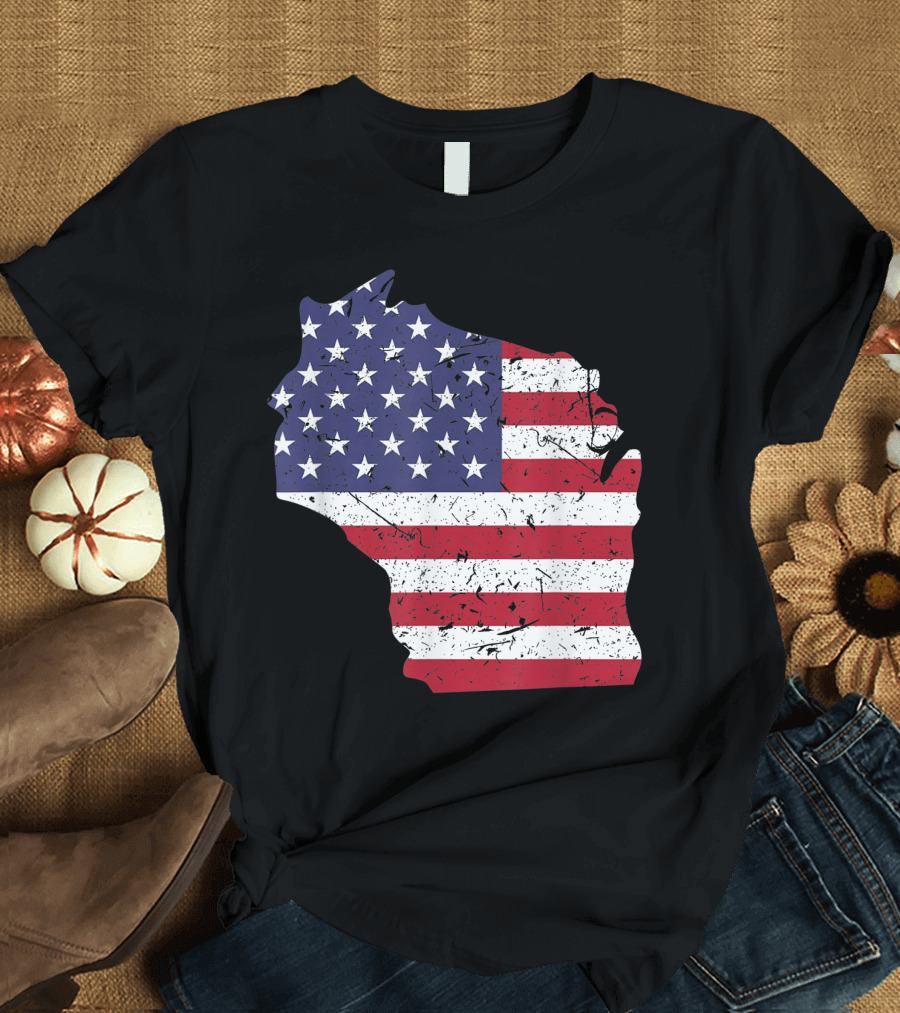 Wisconsin Map American Flag 4th of July Pride T-Shirt