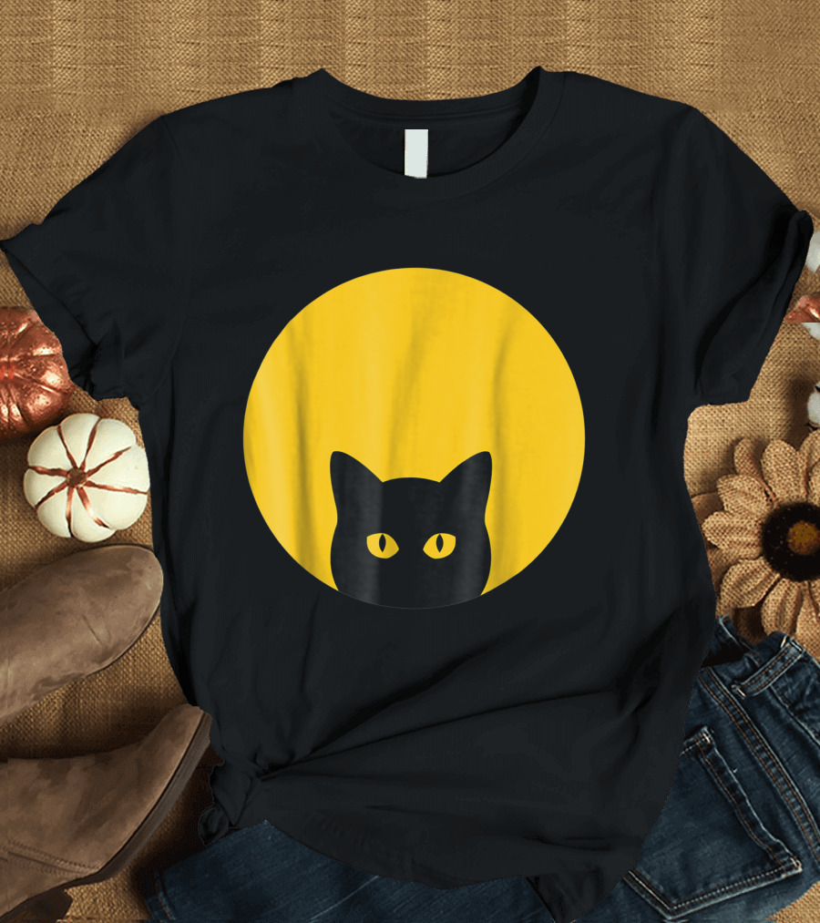 Solar Eclipse Black Cat Yellow Eyes on Full Moon Circle T-Shirt
