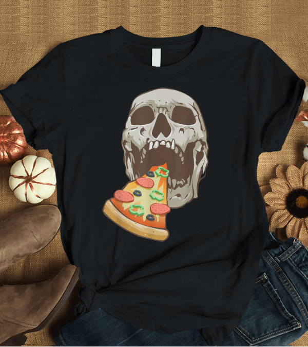 T-Shirt: Halloween Scary Skull Eating Funny Pizza Costume T-Shirt Halloween Scary Skull Eating Funny Pizza Costume T-Shirt