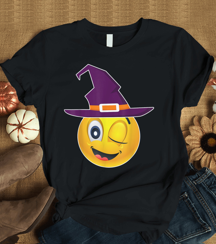 Cute Emoji Face Funny Yellow Witch Hat T-Shirt