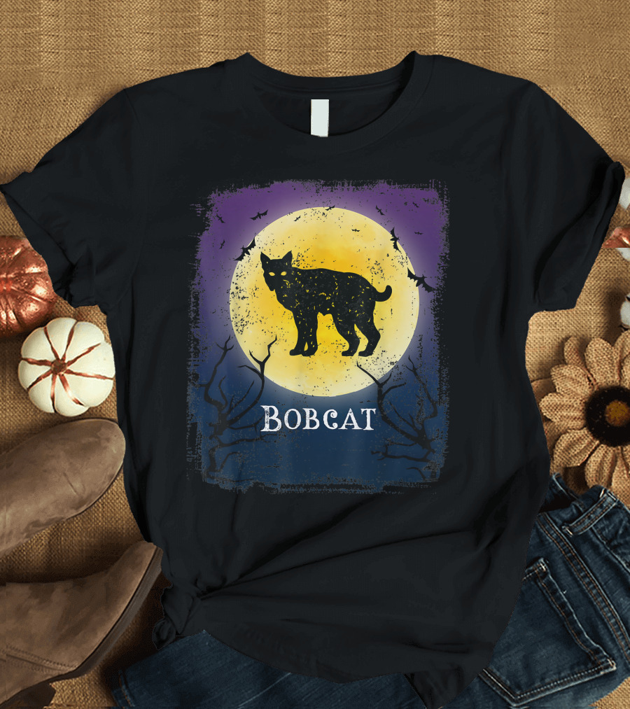 Bobcat Halloween Vintage Moon Bats T-Shirt