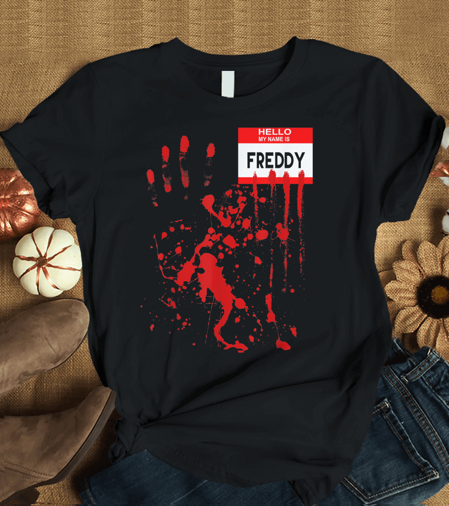 Freddy Handprint Blood Splatter Halloween Name Tag Horror T-Shirt