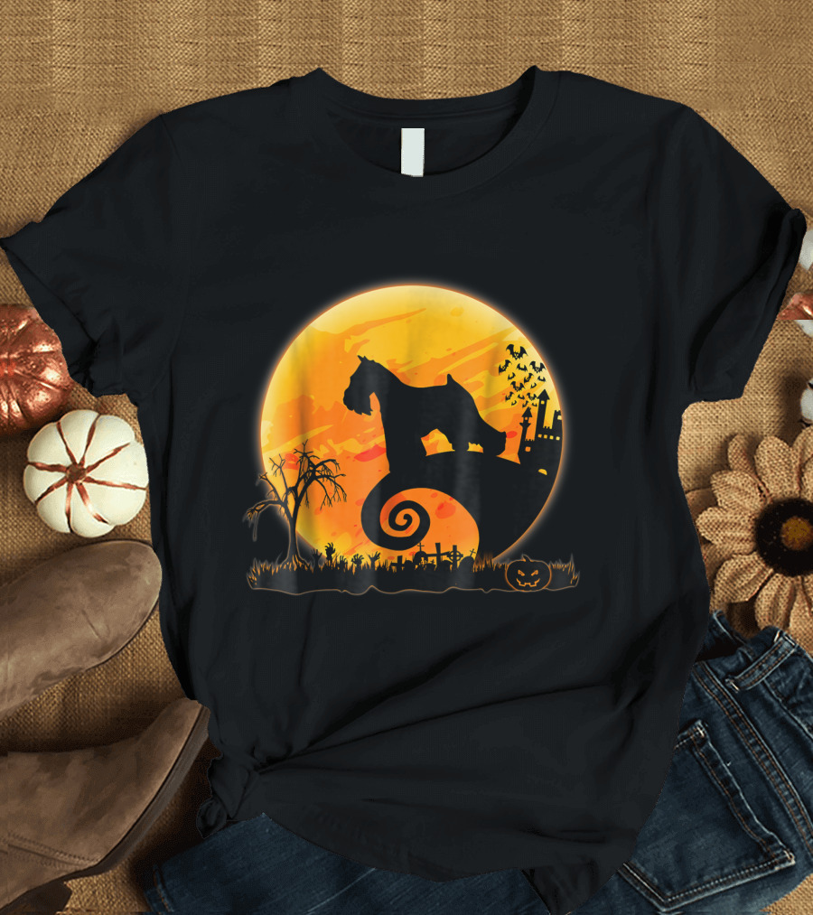Miniature Schnauzer Dog Halloween Moon with Haunted Castle and Pumpkin T-Shirt