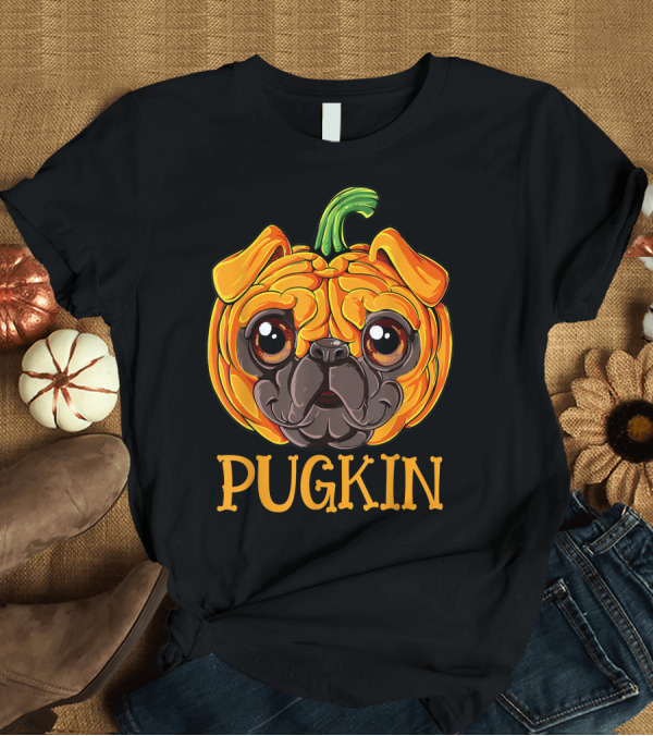 T-Shirt: Pugkin Halloween Kids Boys Pumpkin Pug T-Shirt Pugkin Halloween Kids Boys Pumpkin Pug T-Shirt