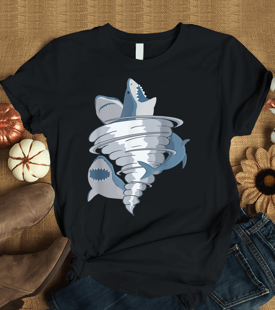 Halloween Shark Tornado Tiger Great White Sharks Bite Swirling Frenzy T-Shirt