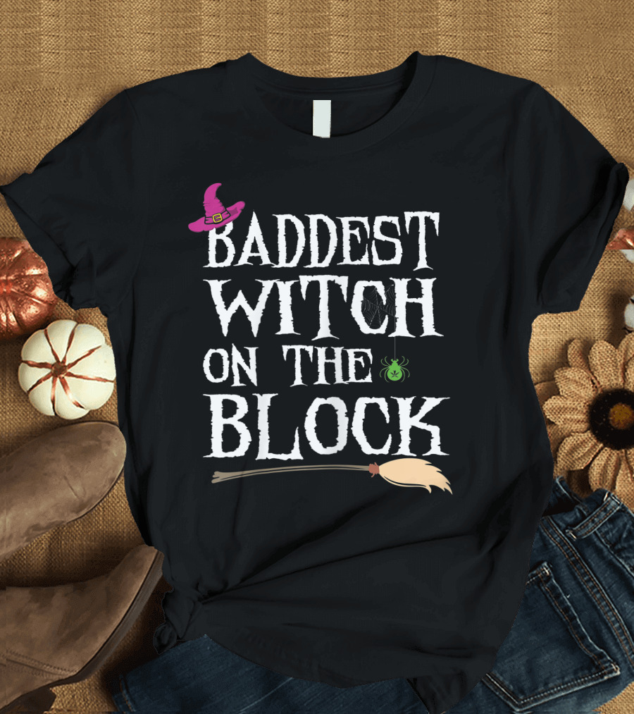 Baddest Witch on the Block Pink Hat Green Spider Broomstick T-Shirt
