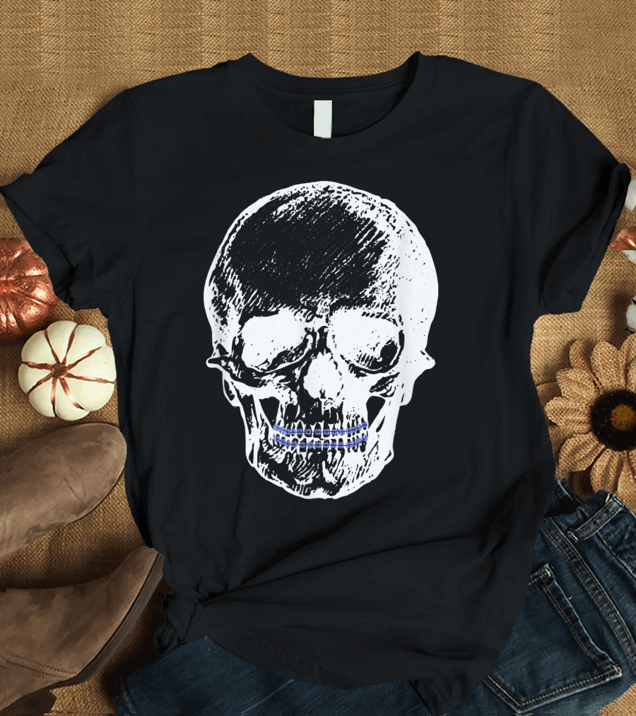 Creepy Skull With Braces Cool Black White Blue T-Shirt