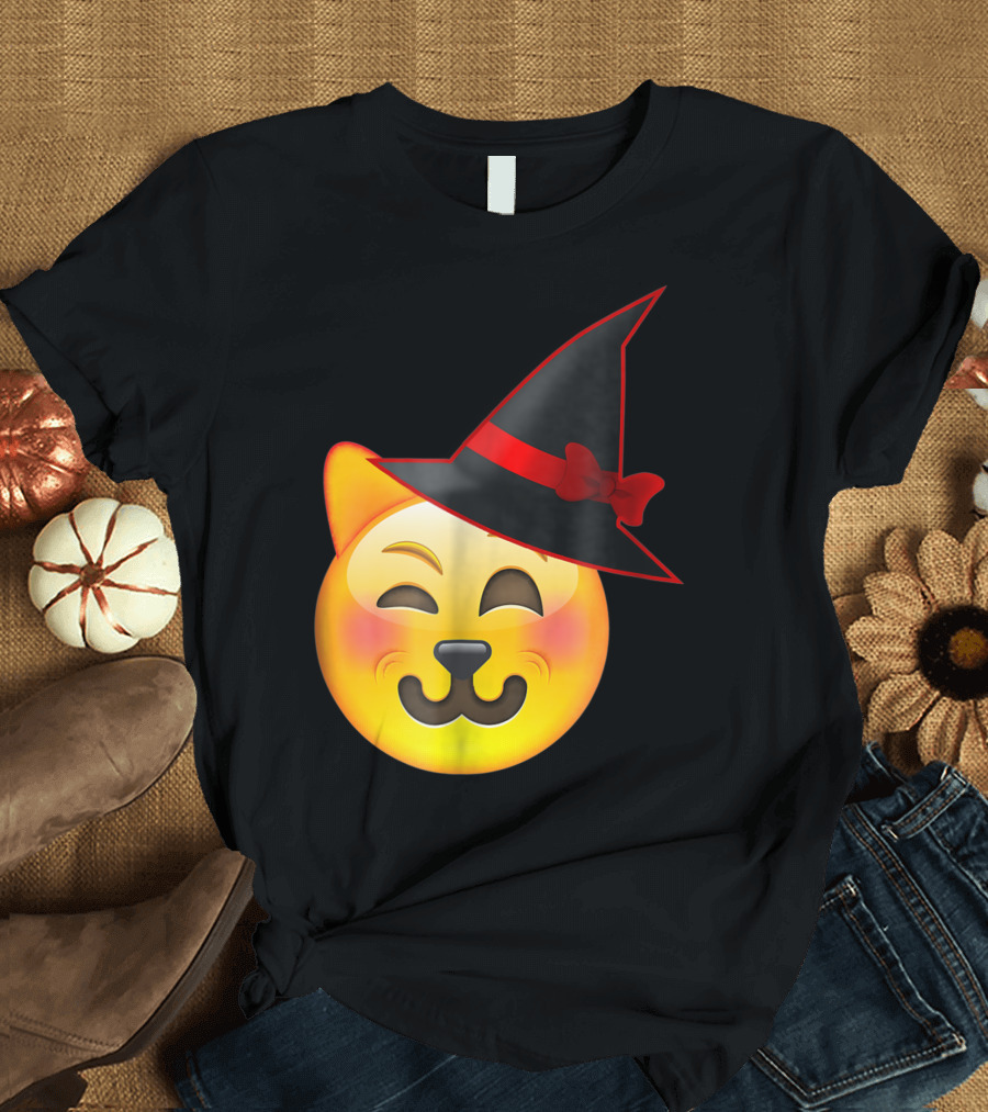 Winking Cat Emoji with Witch Hat Halloween T-Shirt