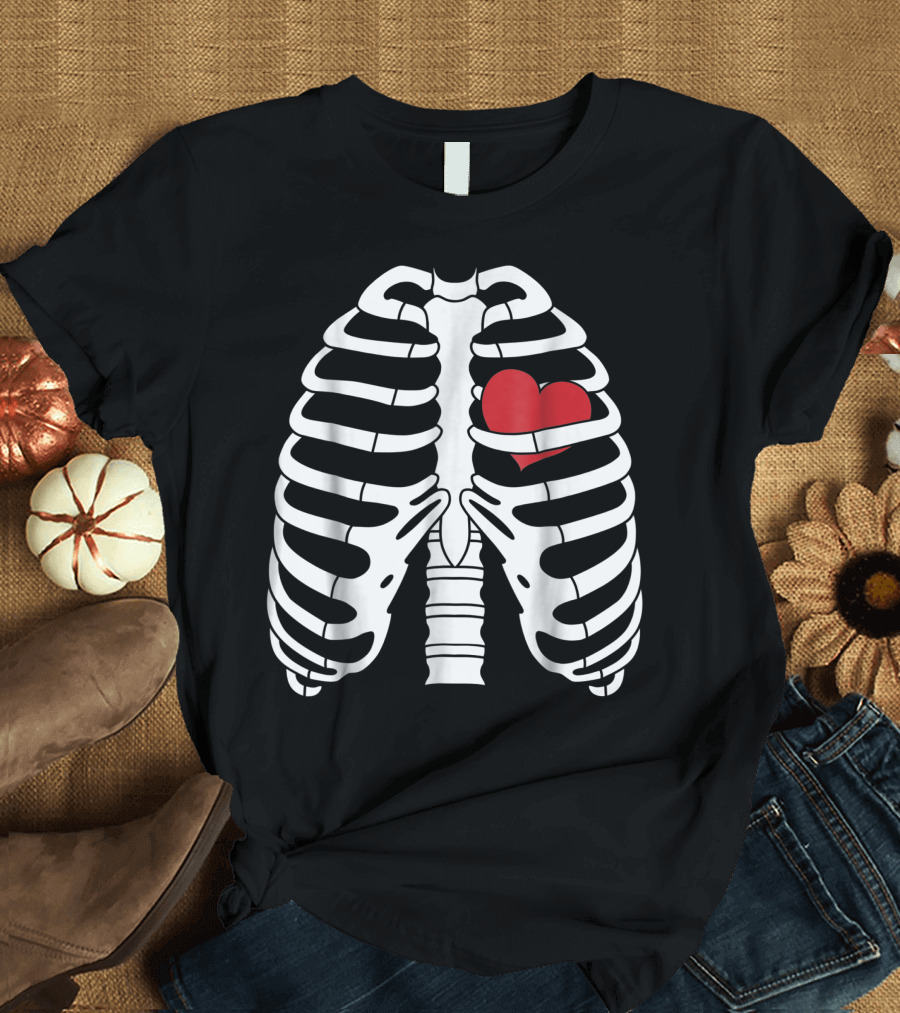 Skeleton Ribcage with Red Heart Halloween Image T-Shirt